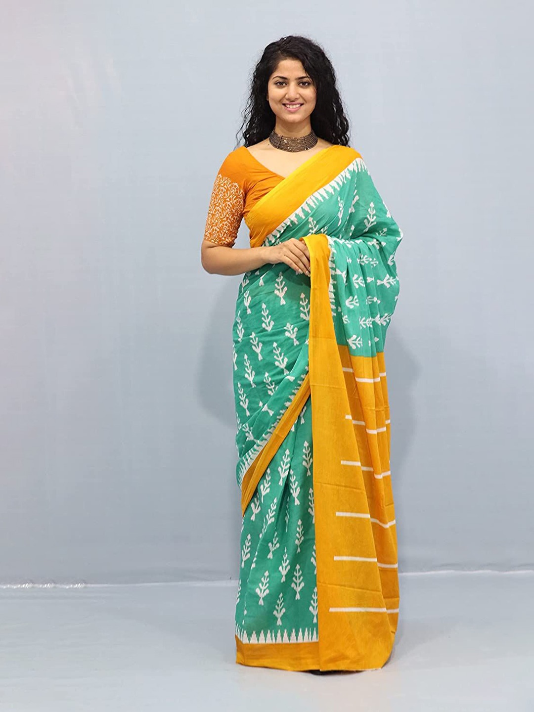 

Craft Musium Floral Pure Cotton Bagru Saree, Green