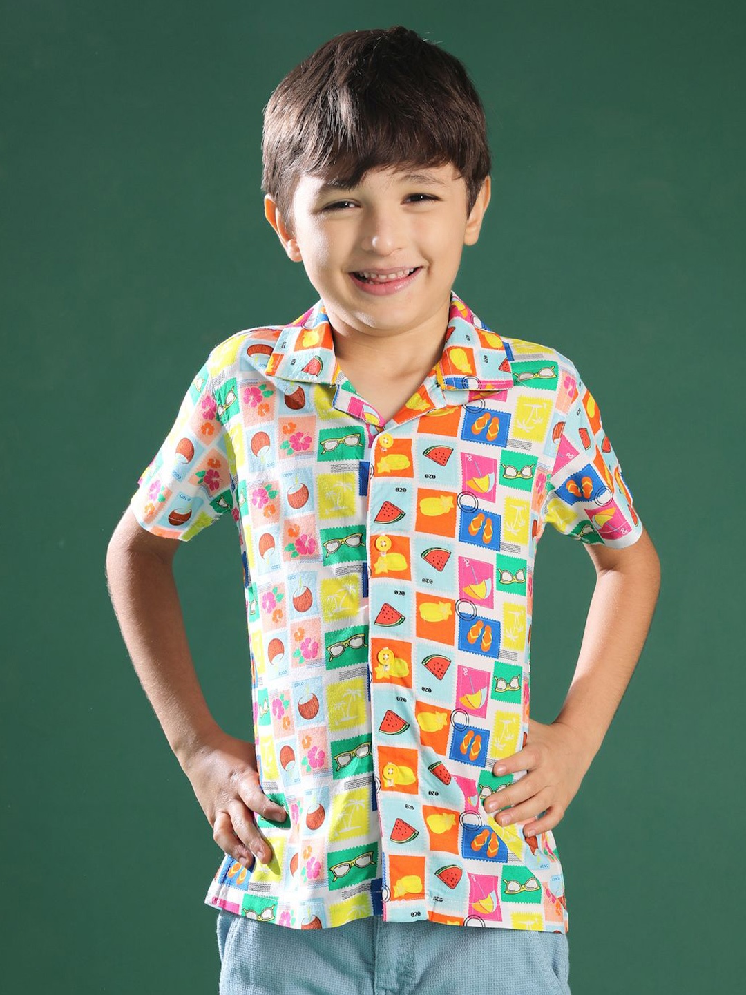

TALES & STORIES Boys Spread Collar Conversational Printed Casual Shirt, White