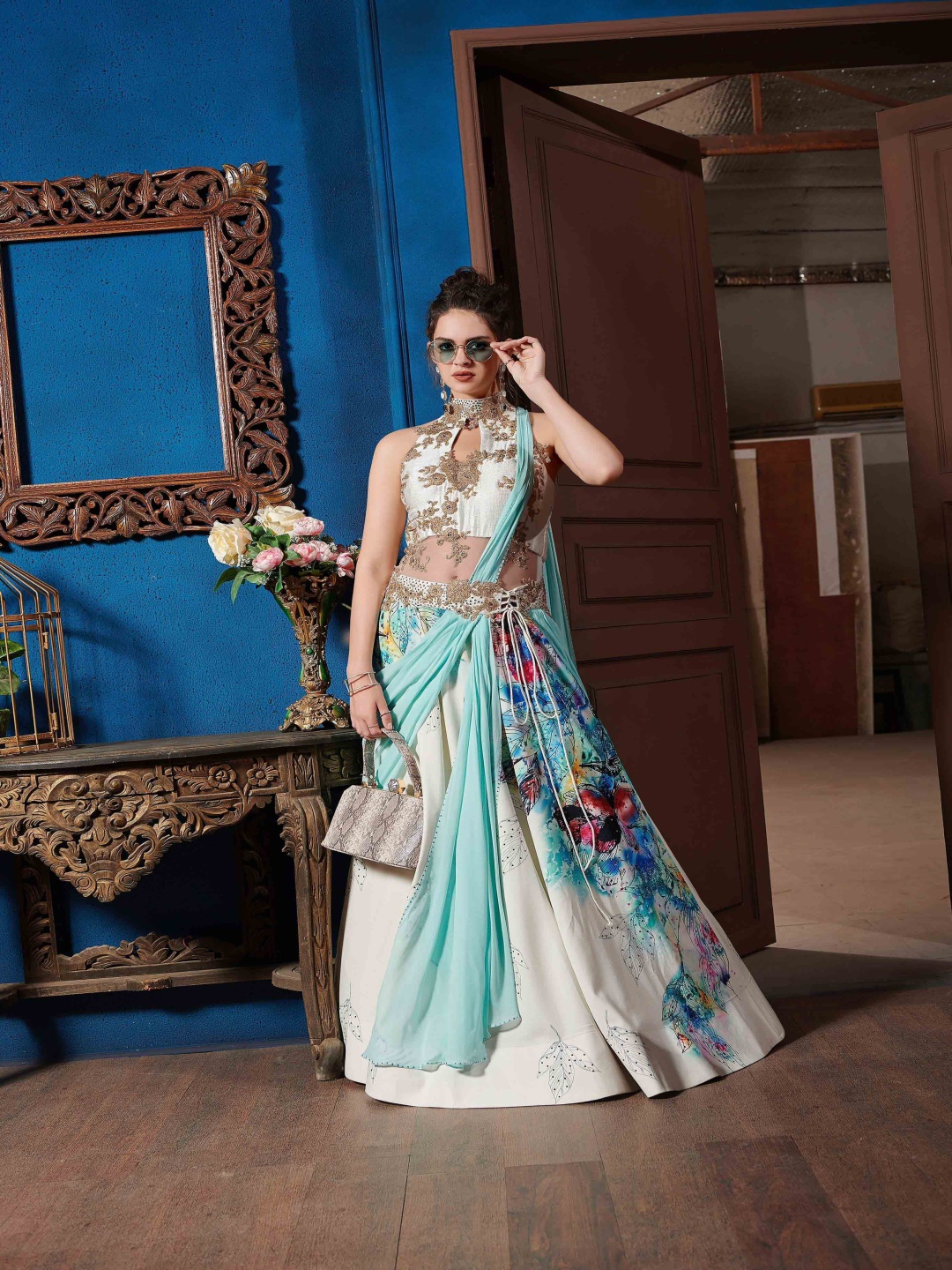 

SAPTRANGI Women Digital Printed & Embroidered Flared Maxi Gown, Blue