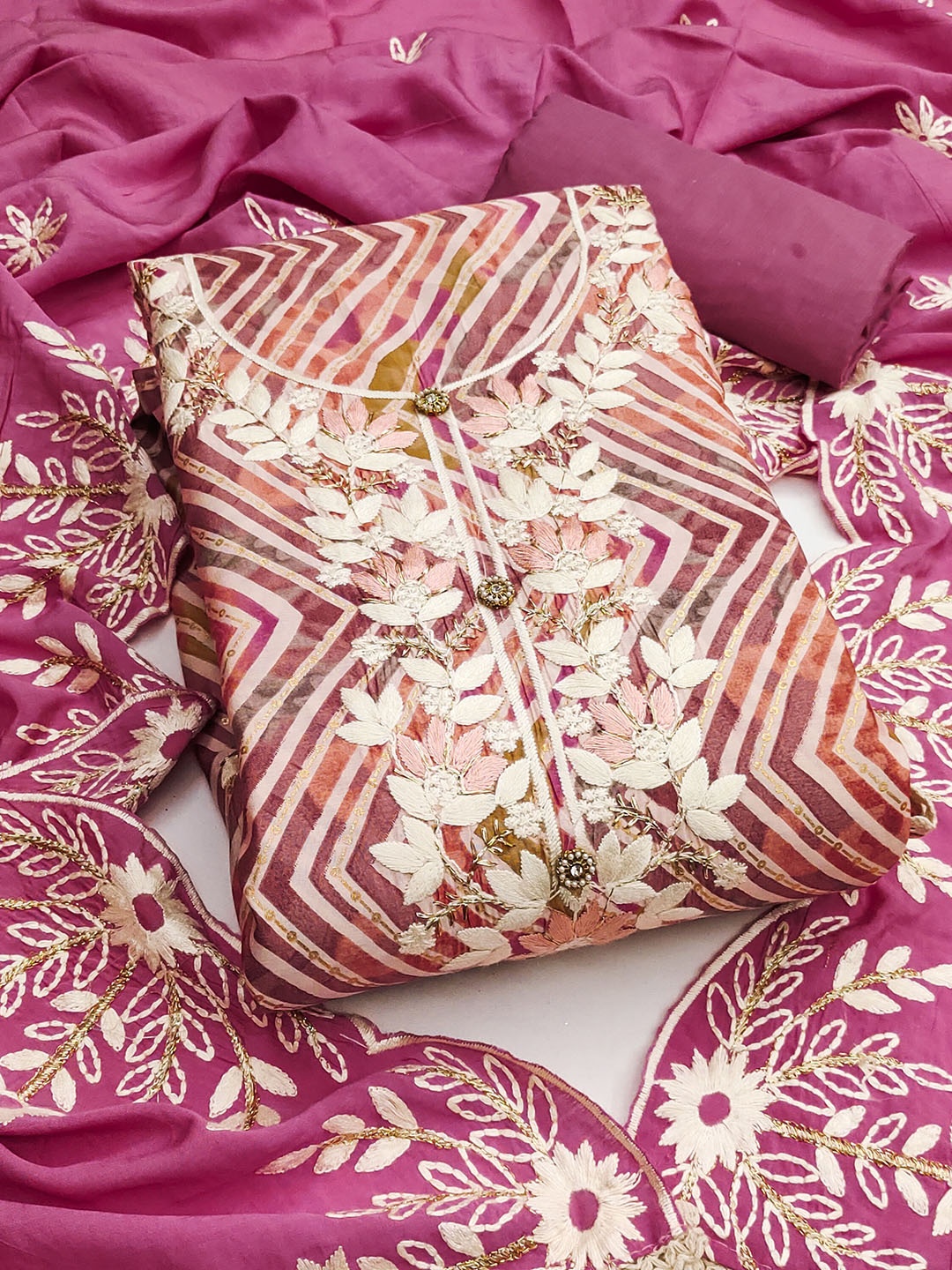 

HERE&NOW Floral Embroidered Beads And Stones Unstitched Dress Material, Pink