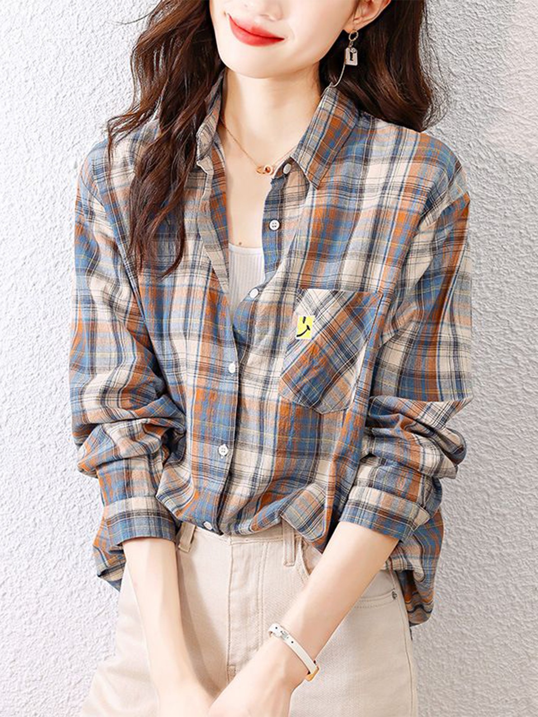 

StyleCast Women Relaxed Fit Spread Collar Tartan Checked Cotton Casual Shirt, Beige