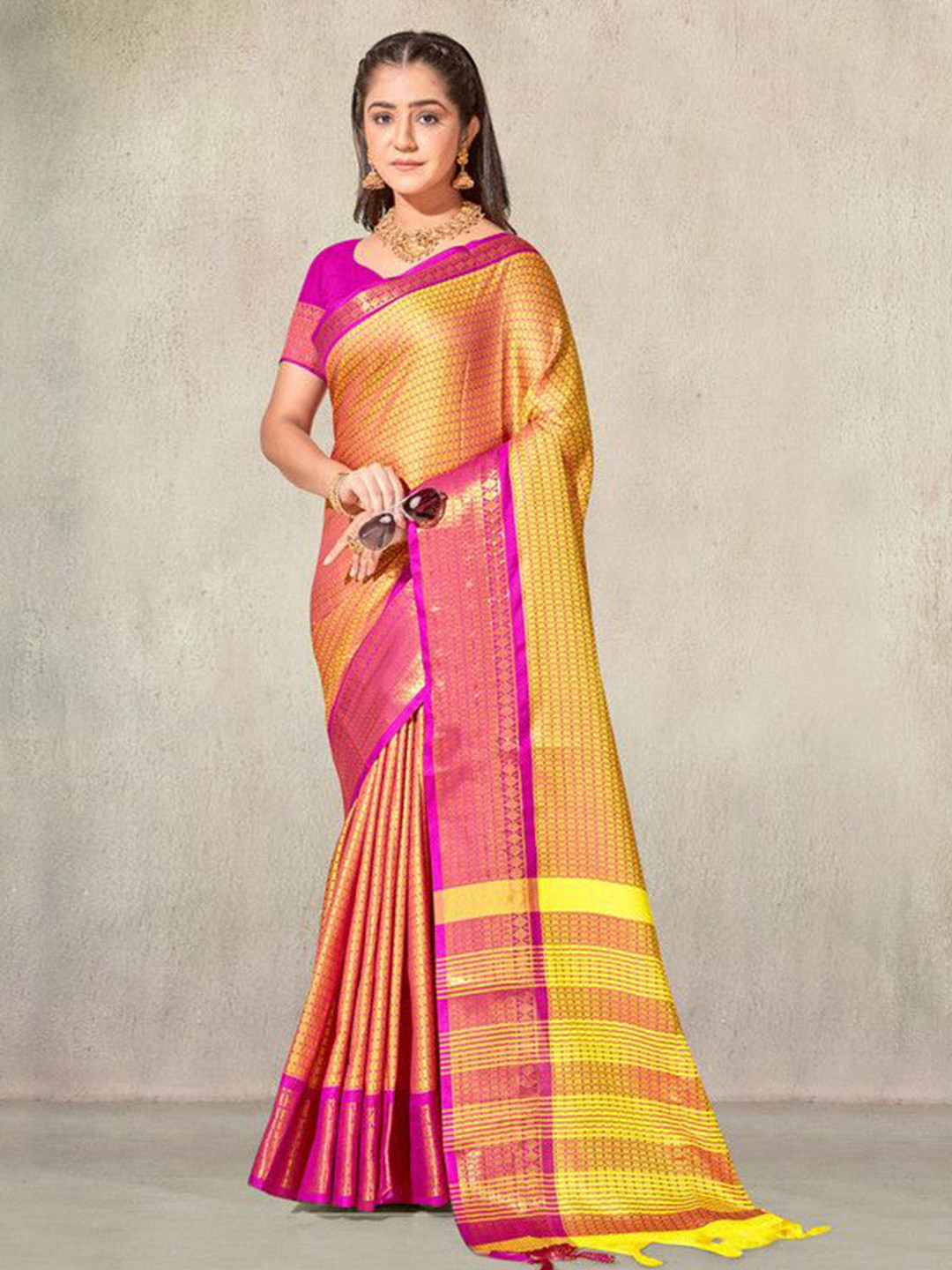 

sagarika Ethnic Motifs Zari Narayan Peth Saree, Yellow