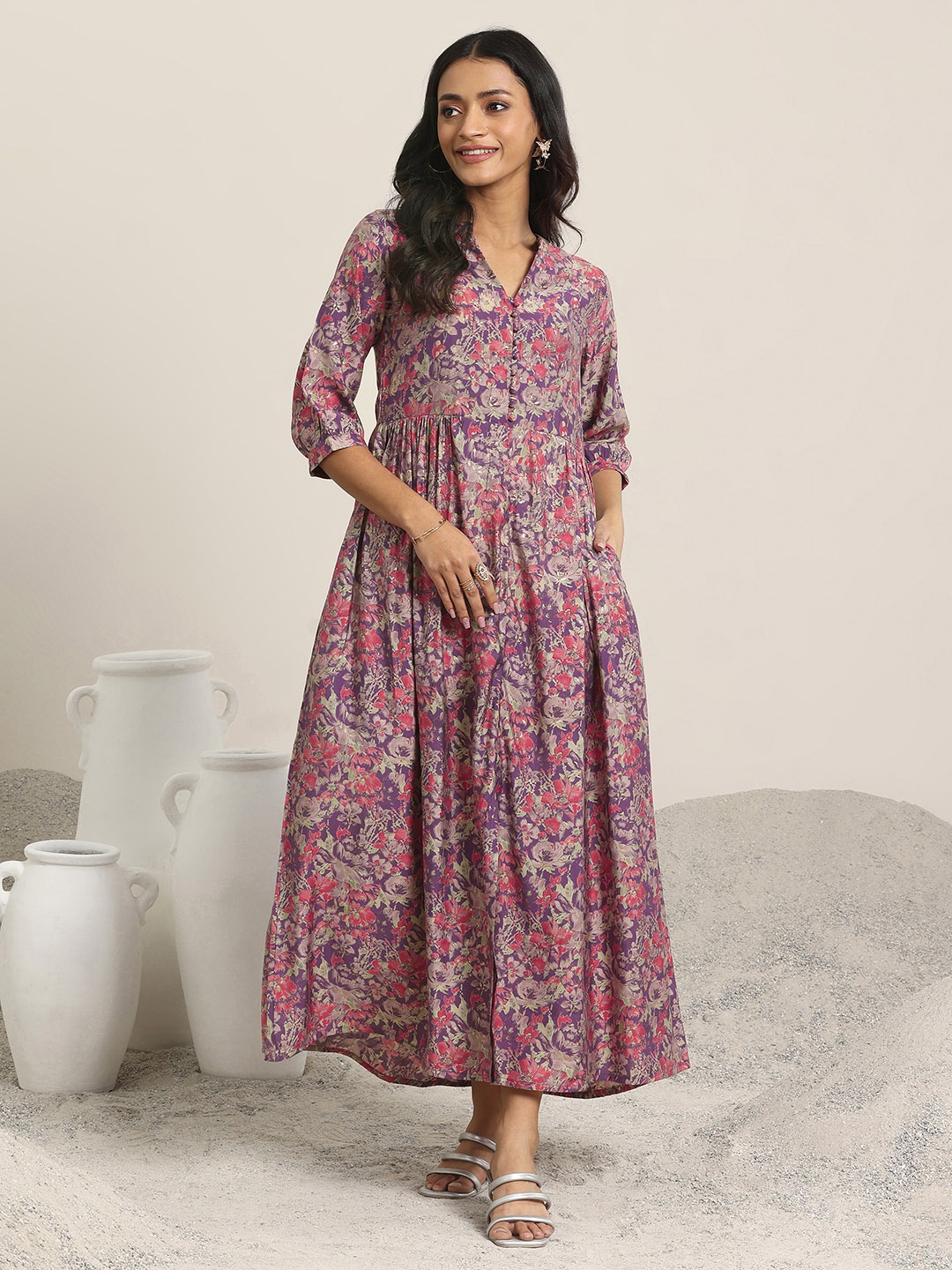 

Libas Floral Print Puff Sleeve A-Line Maxi Dress, Burgundy