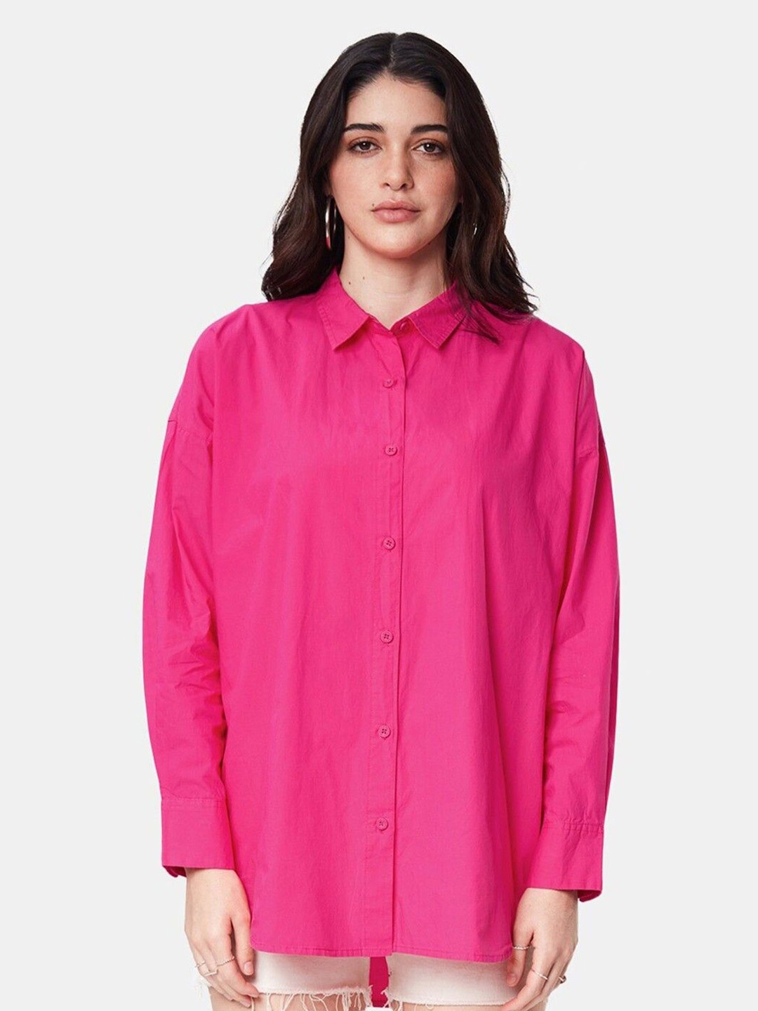 

WHY SO FAB Women Comfort Oversized Fit Spread Collar Solid Cotton Casual Shirt, Pink