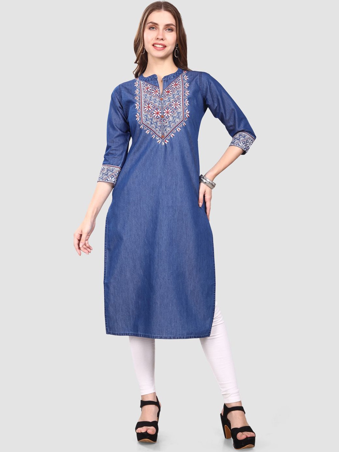 

SK Creation Embroidered Mandarin Collar Denim Straight Kurta, Blue