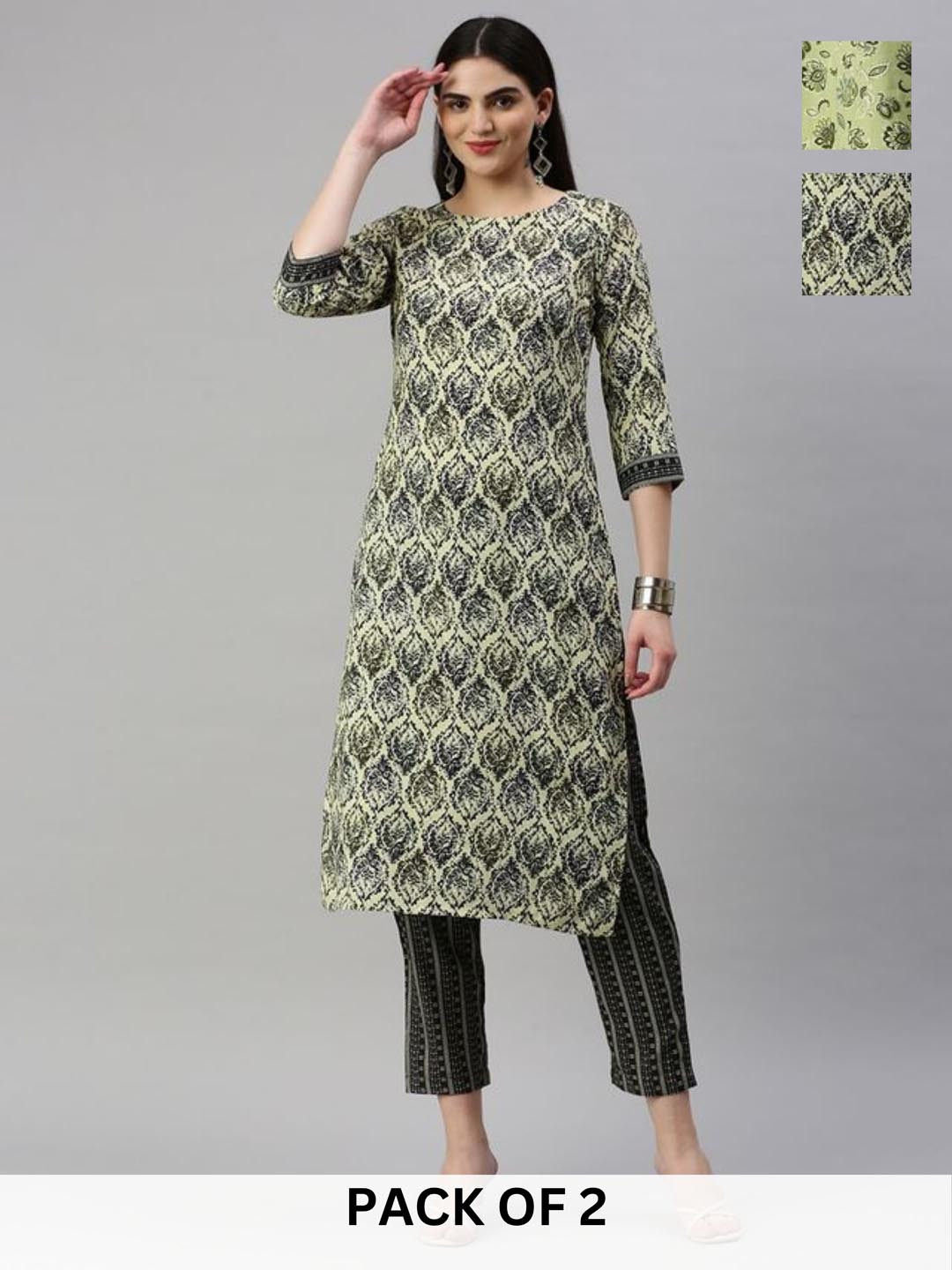 

KALINI Selection of 2 Ethnic Motifs Printed Straight Kurtas With Trousers, Green