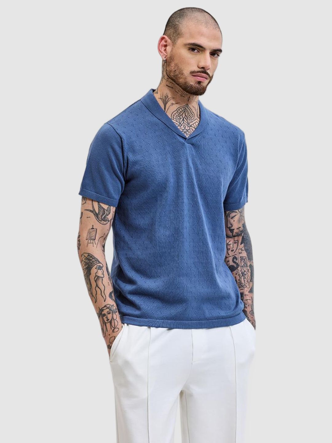 

Snitch Men Self Design Round Neck Slim Fit T-shirt, Blue