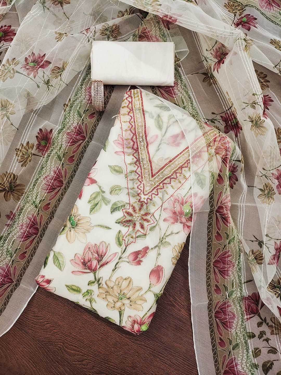 

HERE&NOW Floral Embroidered Beads And Stones Organza Unstitched Dress Material, White