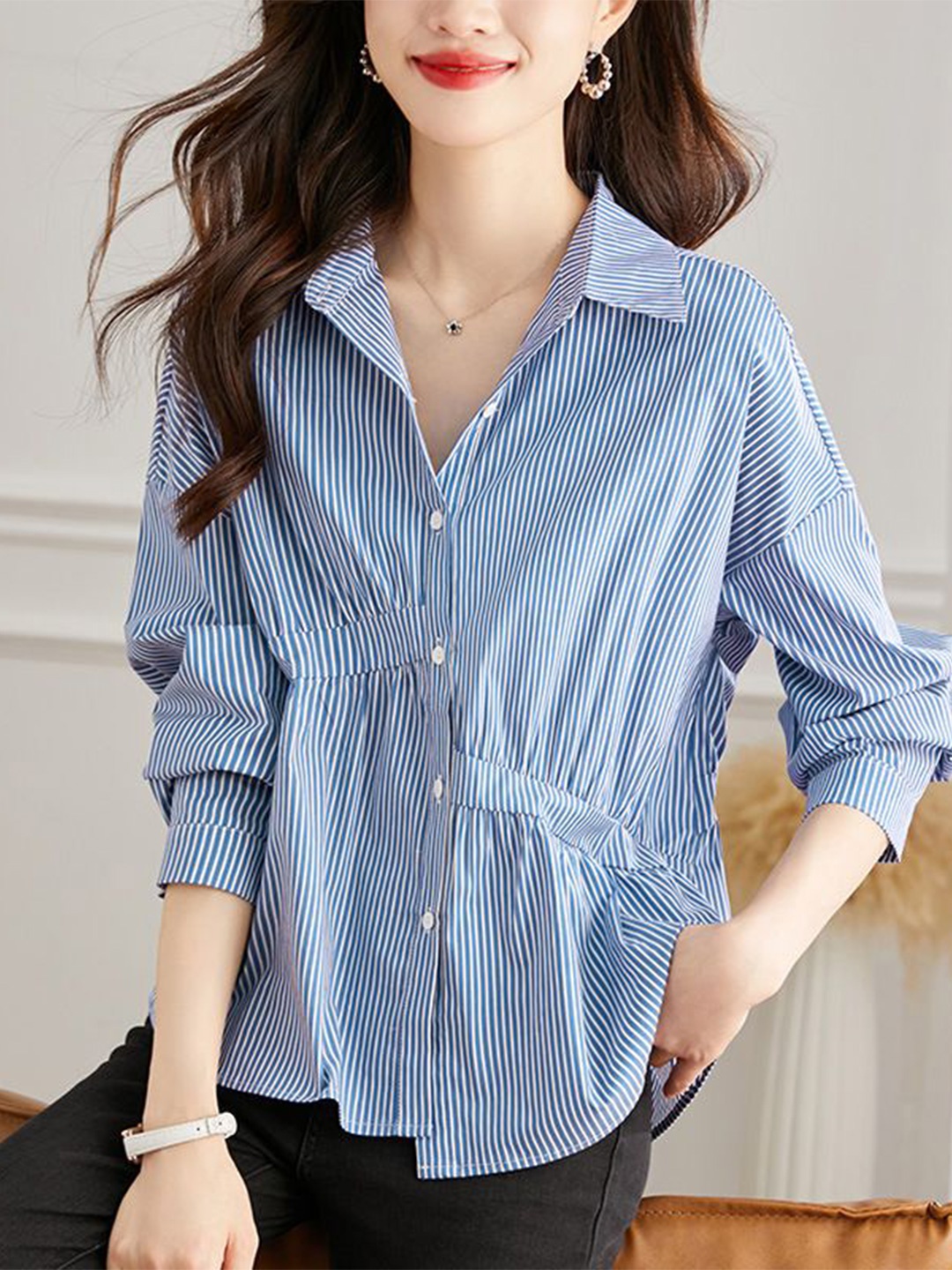 

StyleCast Women Striped Long Sleeves Cotton Relaxed Fit Casual Shirt, Blue