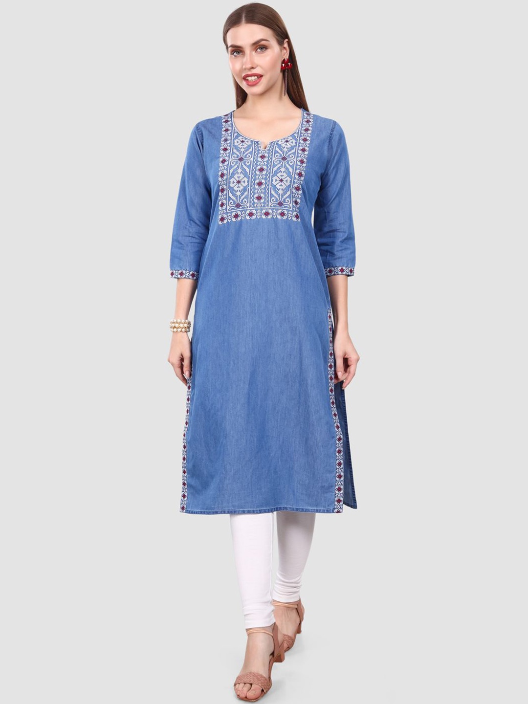 

SK Creation Floral Embroidered Denim Straight Kurta, Blue