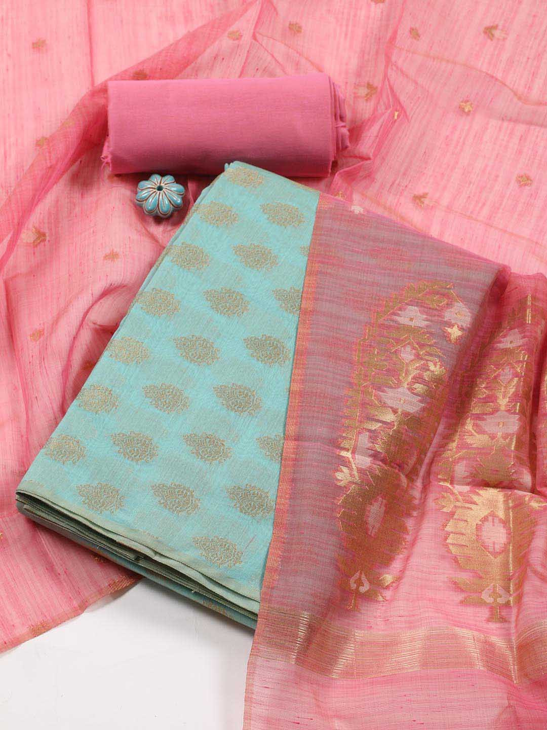 

Meena Bazaar Floral Woven Design Art Silk Unstitched Dress Material, Sea green