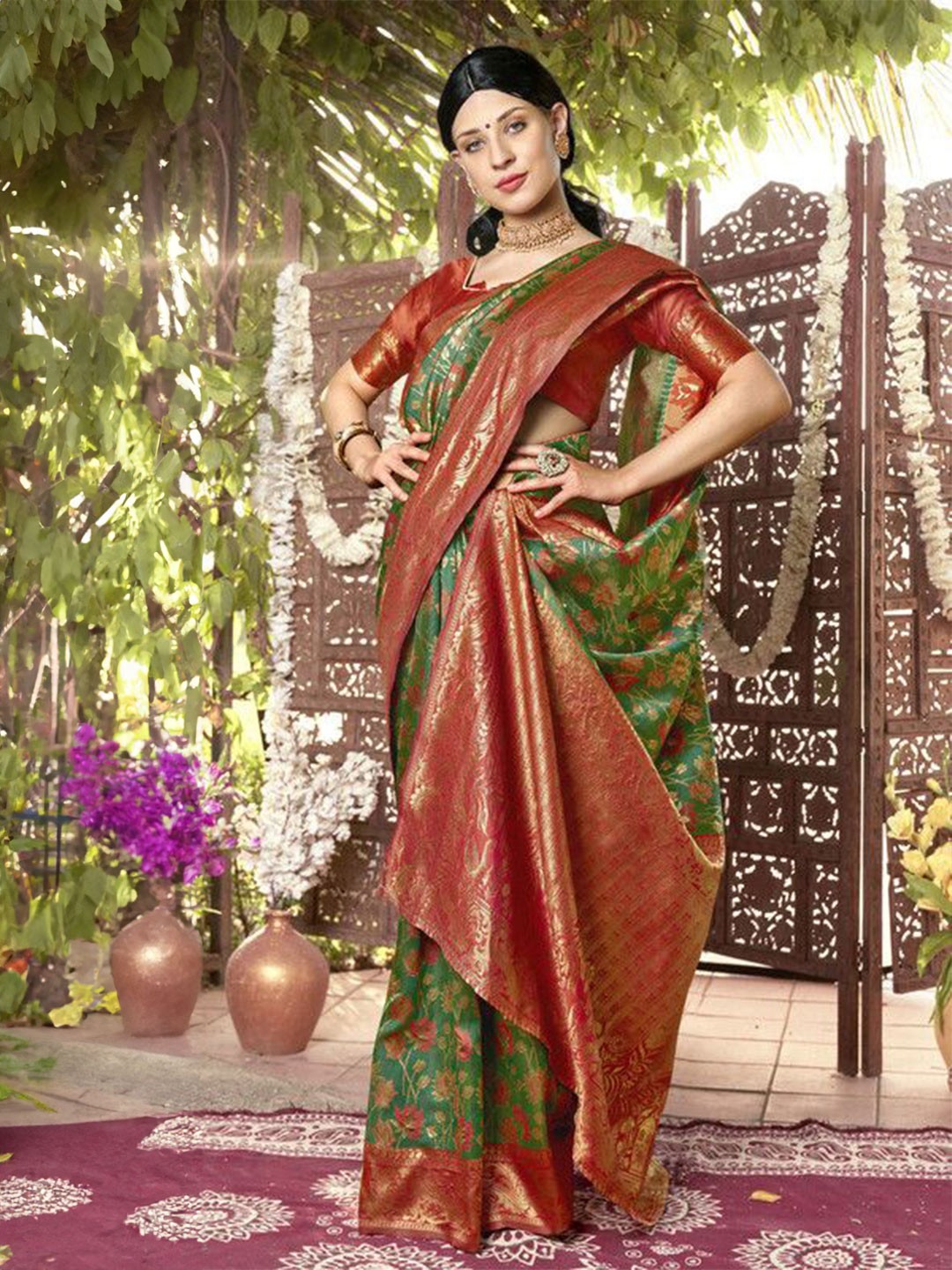 

sagarika Ethnic Motifs Zari Banarasi Saree, Green