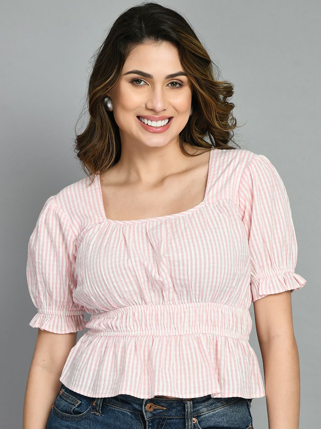 

DressBerry Women Striped Puff Sleeves Cotton Peplum Crop Top, Pink