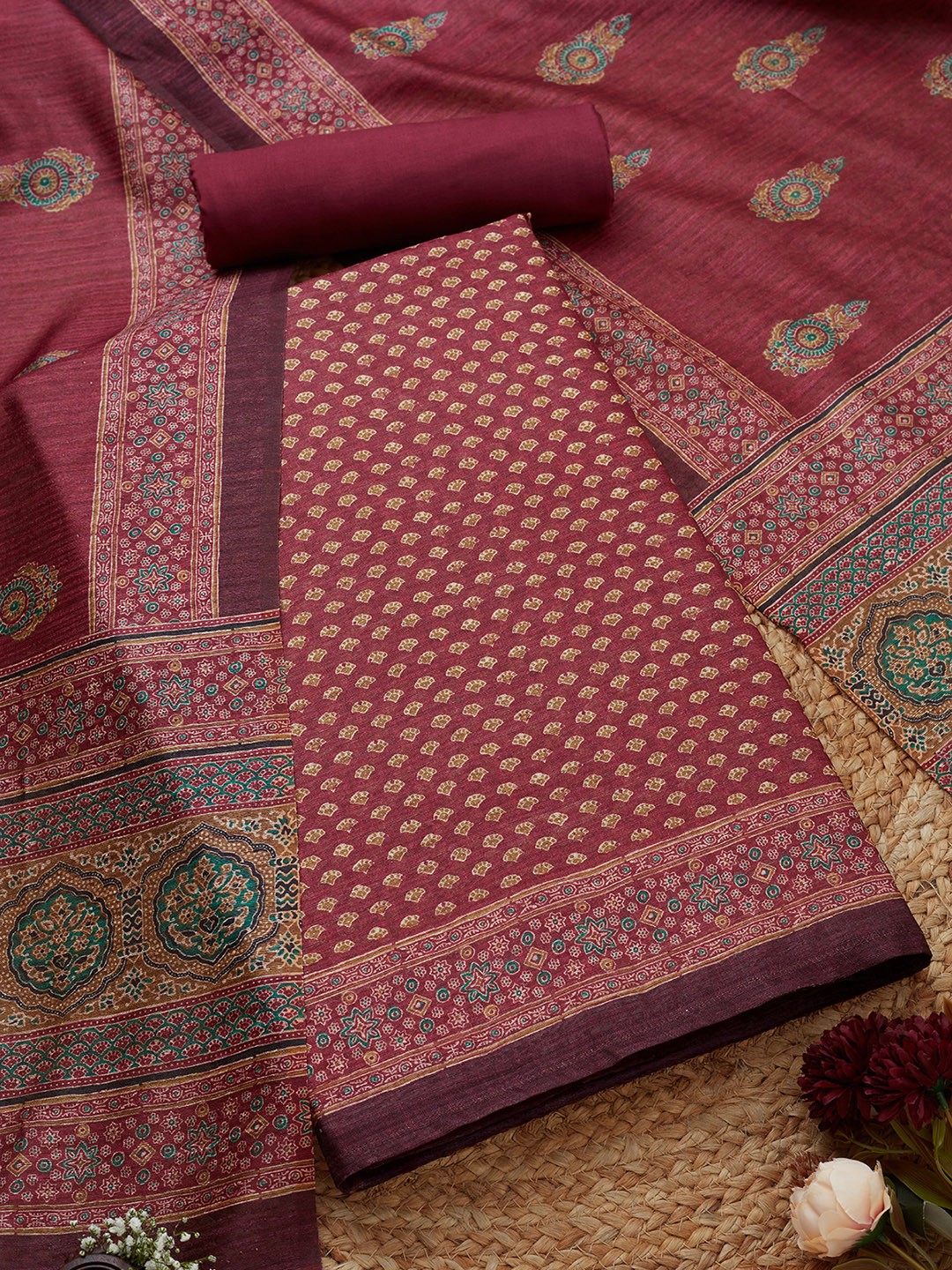 

Soch Floral Printed Unstitched Dress Material, Maroon