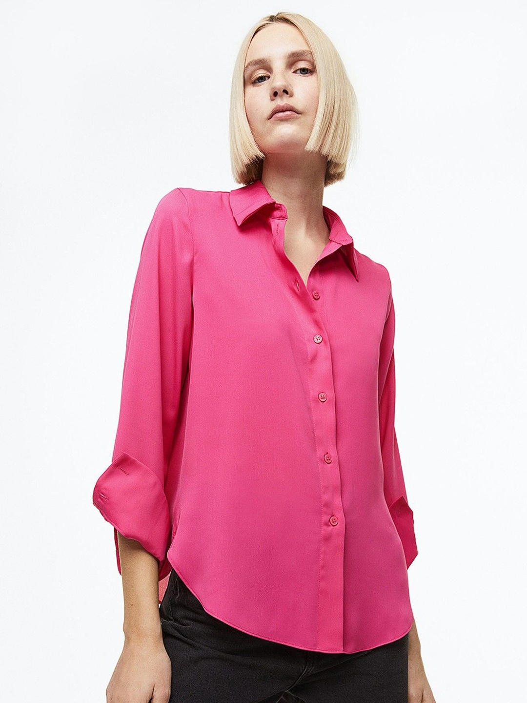 

WHY SO FAB Women Comfort Oversized Fit Spread Collar Solid Cotton Casual Shirt, Pink