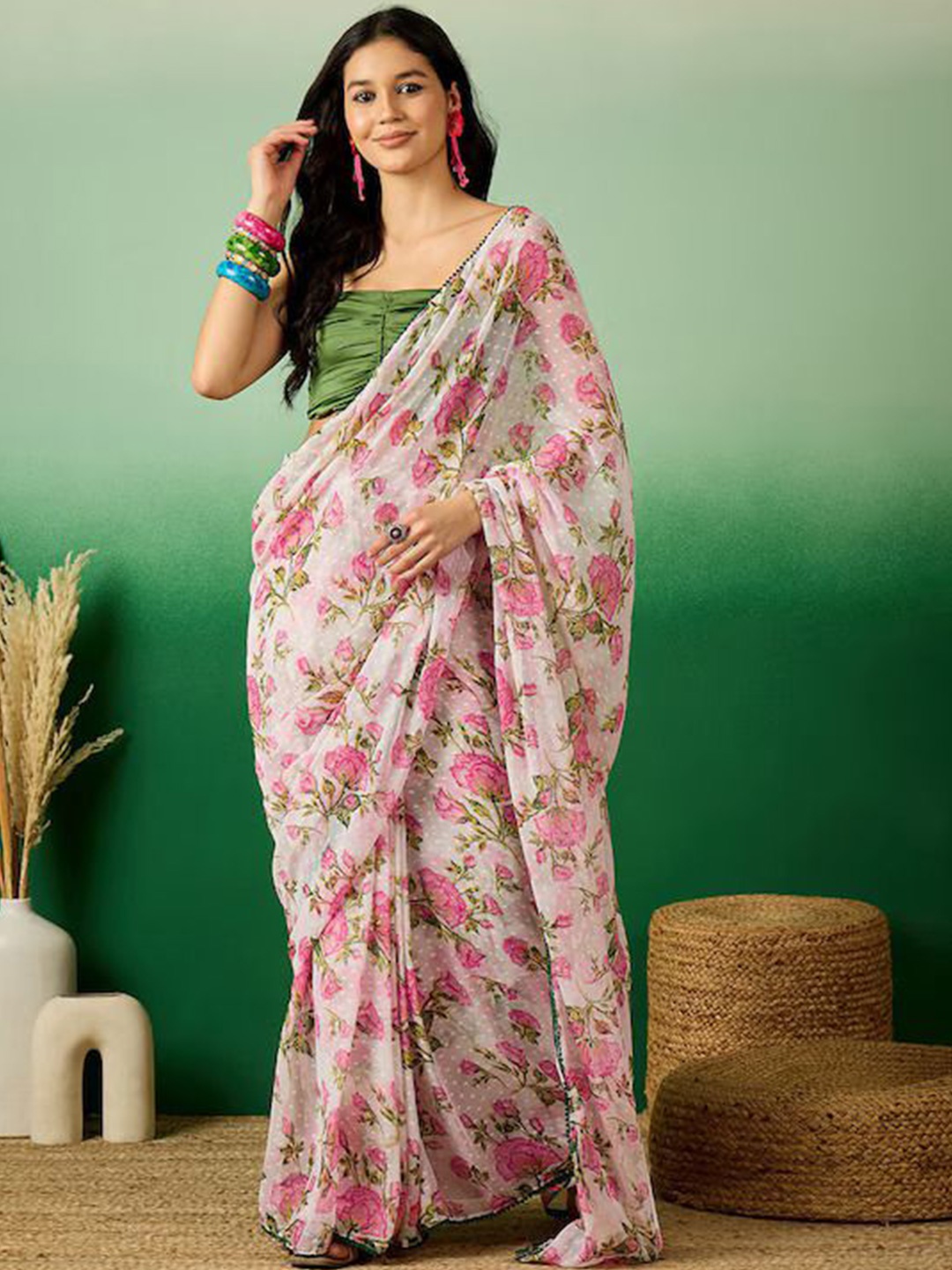 

HMP Fashion Floral Embroidered Satin Ready to Wear Saree, White