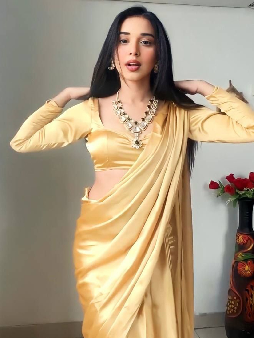 

HMP Fashion Satin Ready to Wear Saree, Cream