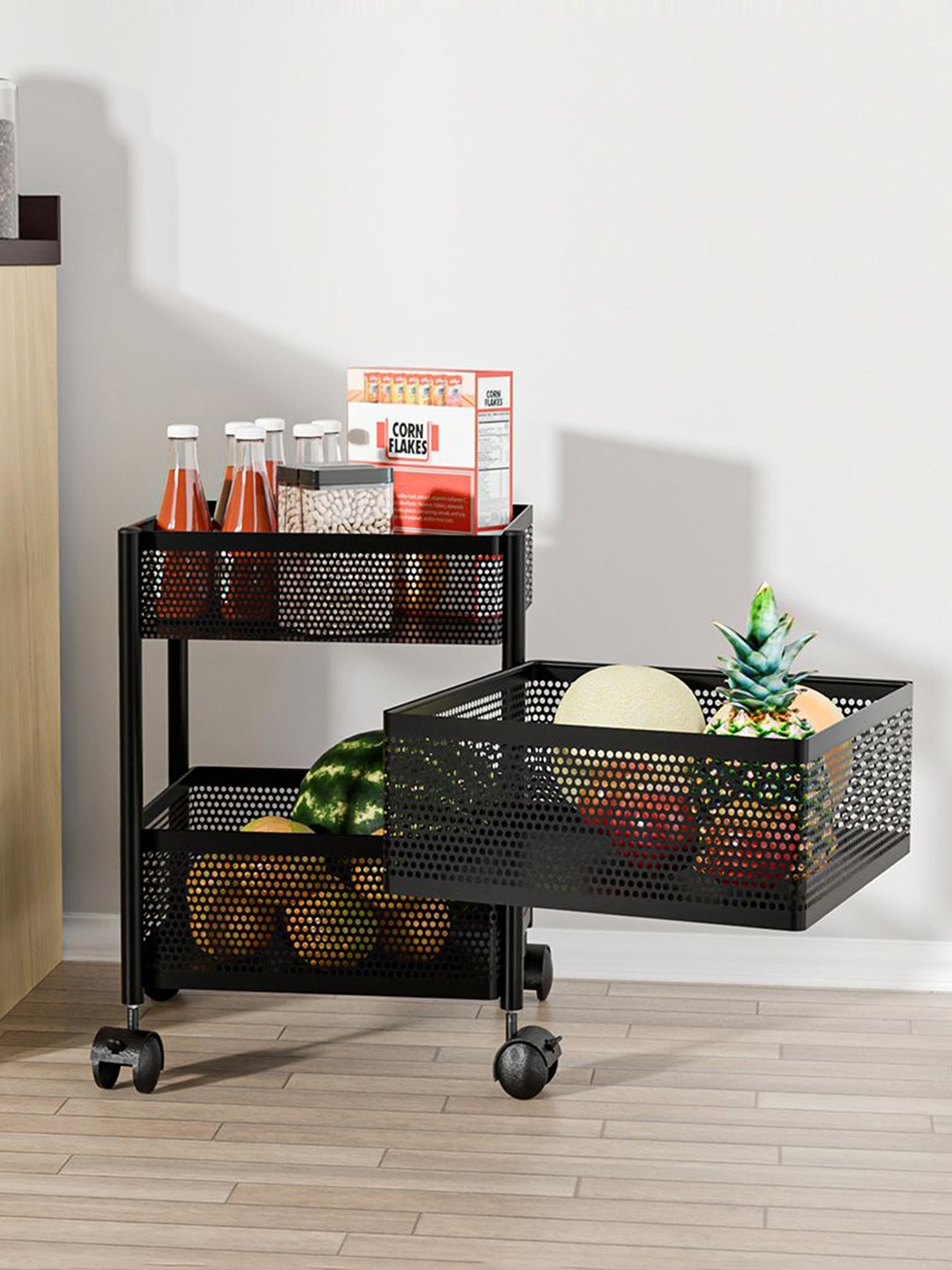 

Kuber Industries 2+1 Layer Kitchen Metal Storage Rack Wheels Unisex Black Kitchen Trolley