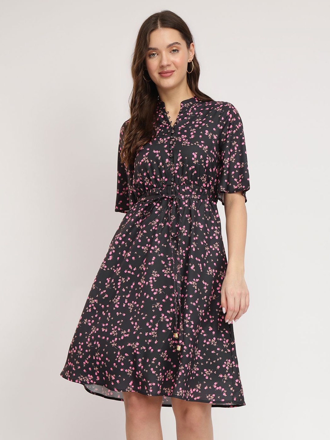 

FableStreet Ditsy Print Fit and Flare Dress - Black