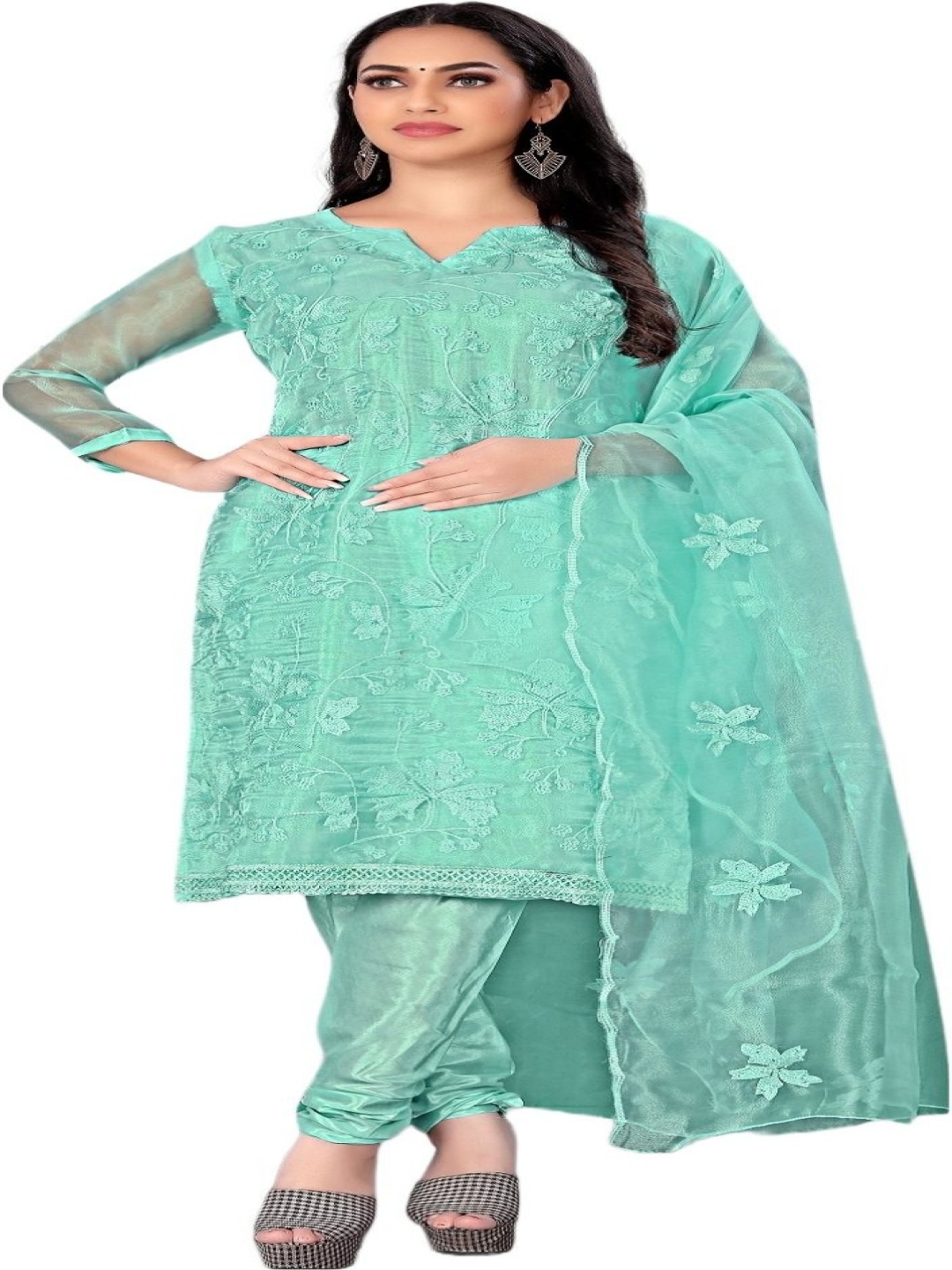 

Aika Floral Thread Work Organza Unstitched Dress Material, Green