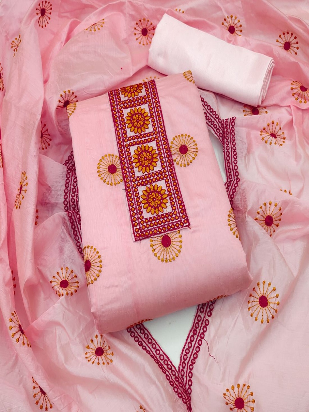 

Aika Floral Embroidered Chanderi Unstitched Dress Material, Peach