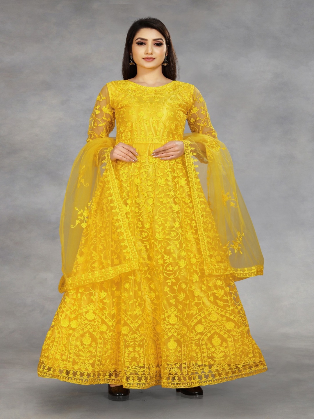 

Aika Floral Embroidered Semi-Stitched Dress Material, Yellow