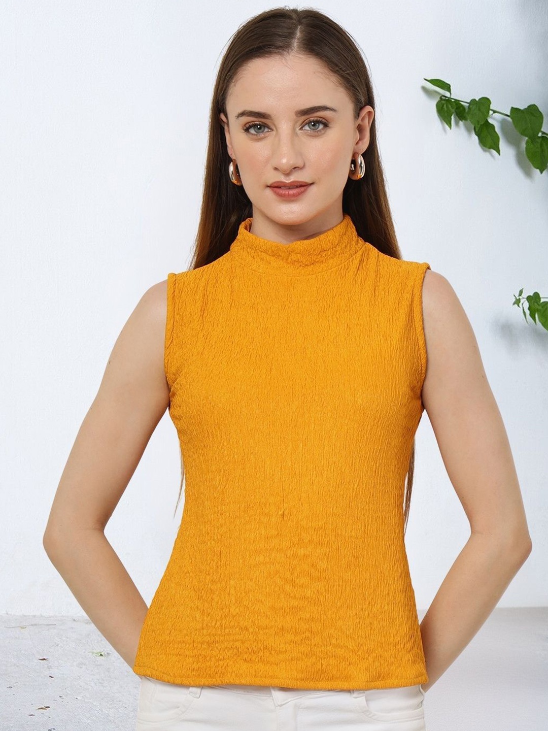 

BAESD Women Self Design Tank Top, Mustard