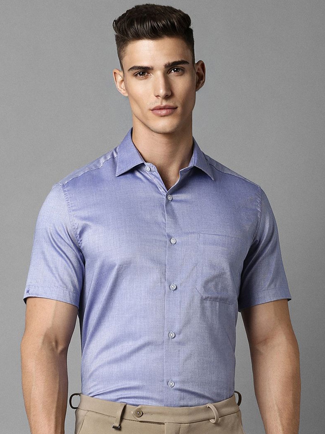 

Louis Philippe Men Spread Collar Solid Cotton Casual Shirt, Blue
