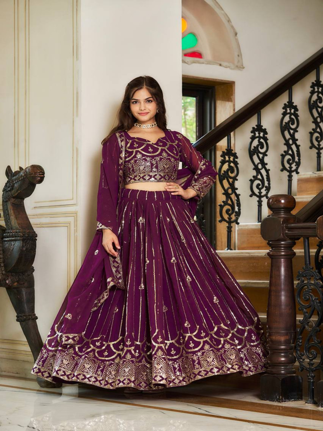

Fashion Basket Embroidered Beads and Stones Ready to Wear Lehenga & Blouse With Dupatta, Purple