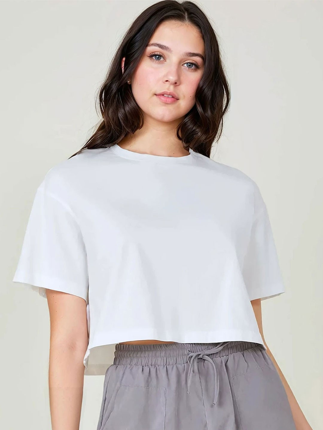 

The Roadster Lifestyle Co. Women Round Neck Pure Cotton Boxy Crop Top, White
