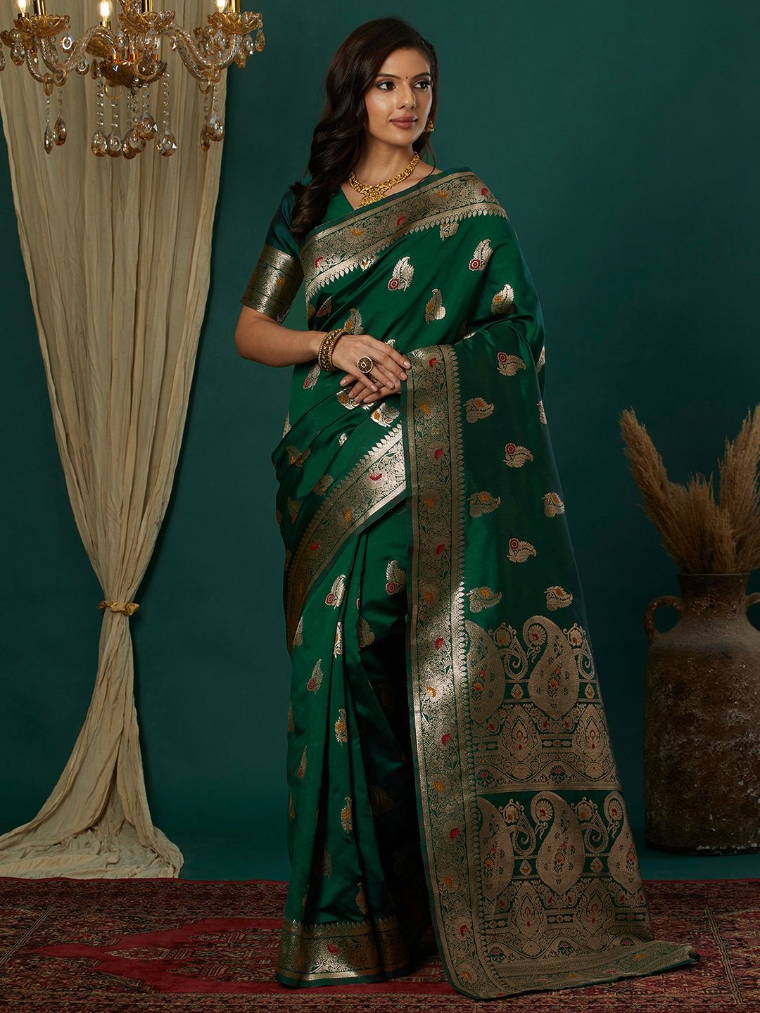 

Satrani Woven Design Zardozi Banarasi Saree, Green