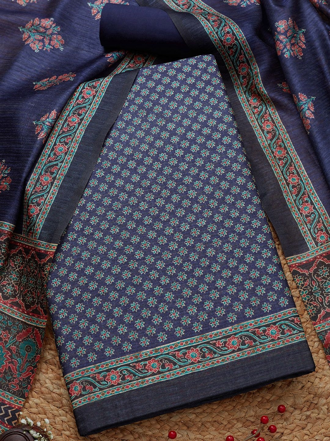 

Soch Floral Printed Unstitched Dress Material, Navy blue