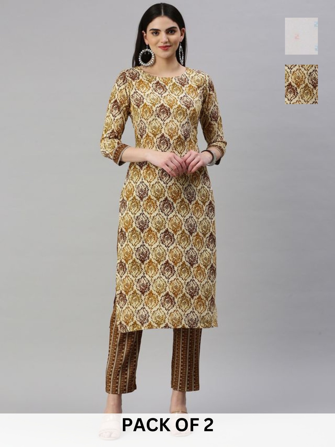 

KALINI Selection Of 2 Ethnic Motifs Printed Round Neck Straight Kurta With Trouser, Cream