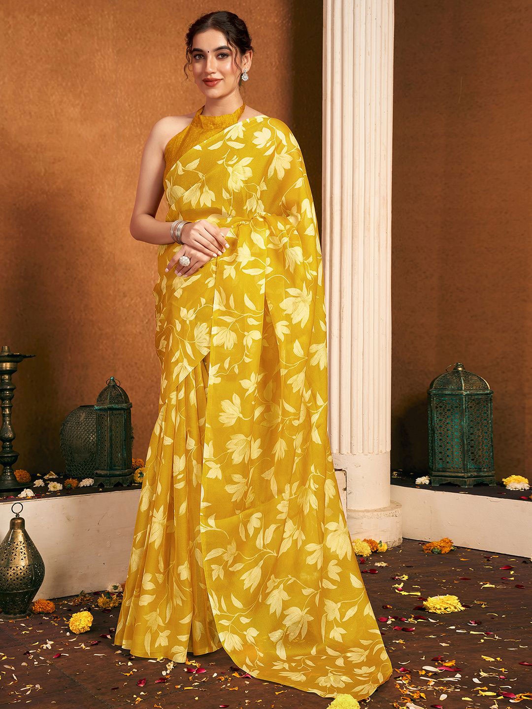 

Mitera Floral Pure Chiffon Saree, Yellow