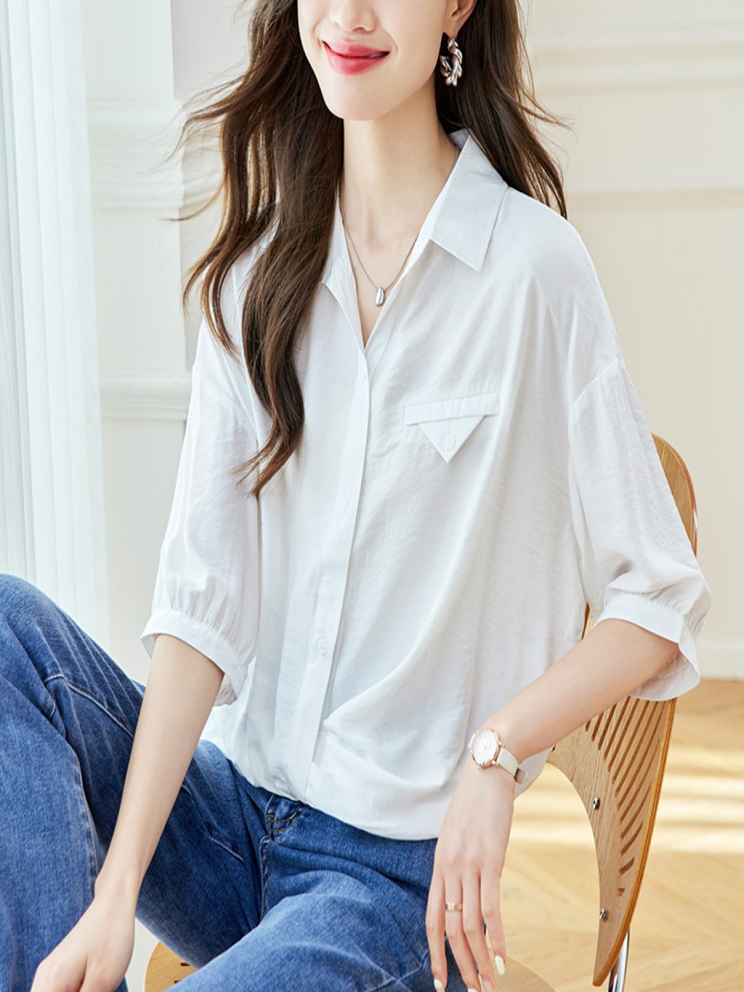 

StyleCast Women Relaxed Fit Spread Collar Solid Casual Shirt, White