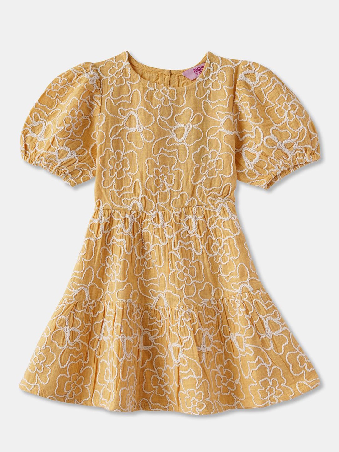 

R&B Girls Floral Embroidered Puff Sleeve Tiered Cotton Fit and Flare Dress, Yellow