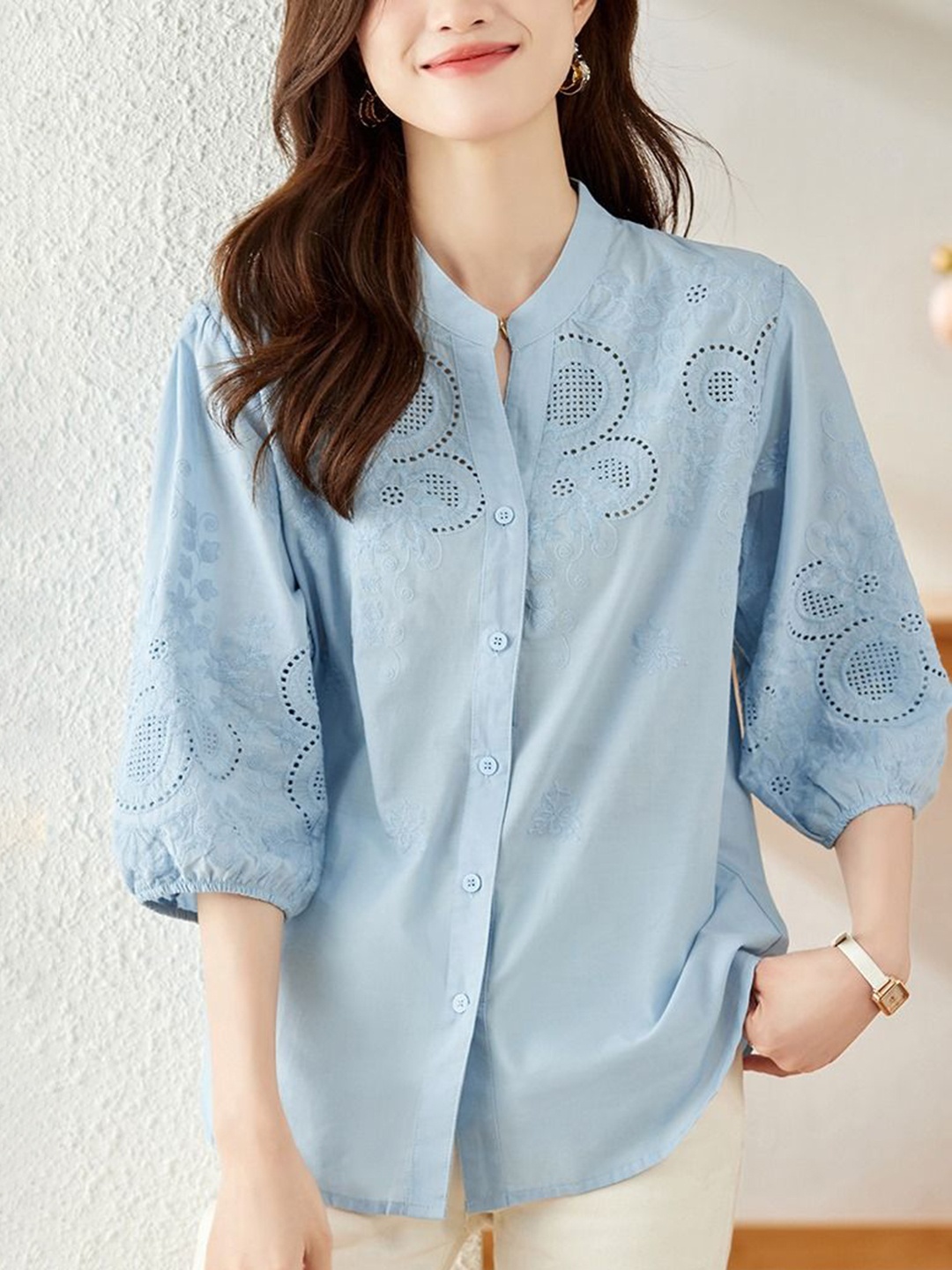 

StyleCast Women Self Design Floral Embroidered Cotton Casual Shirt, Blue