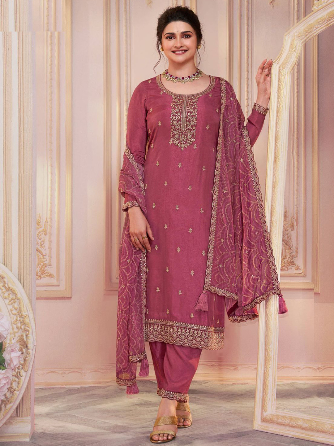 

ODETTE Floral Embroidered Georgette Straight Kurta with Trousers & Dupatta, Pink
