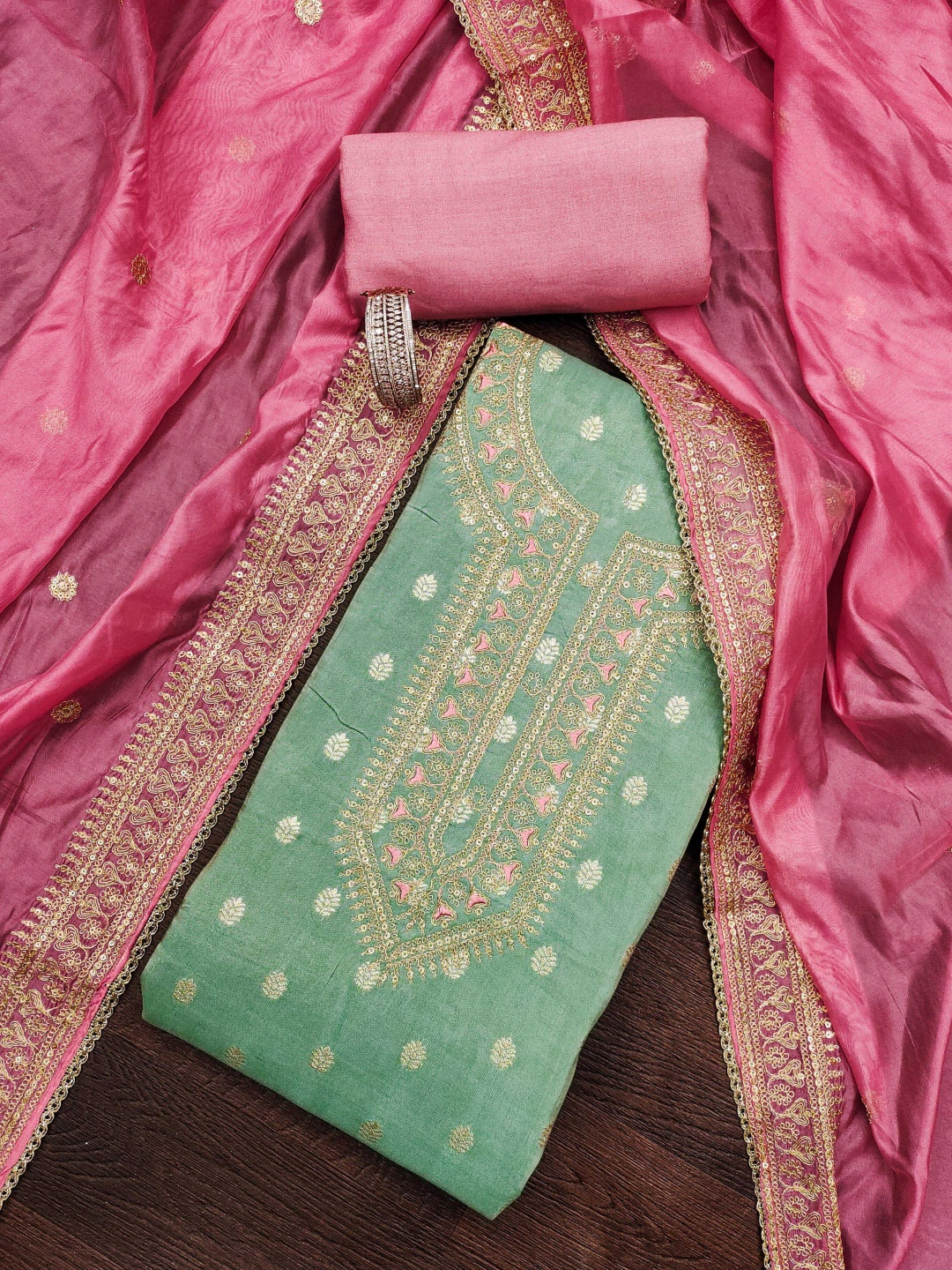 

HERE&NOW Ethnic Motifs Woven Design Embroidered Unstitched Dress Material, Green
