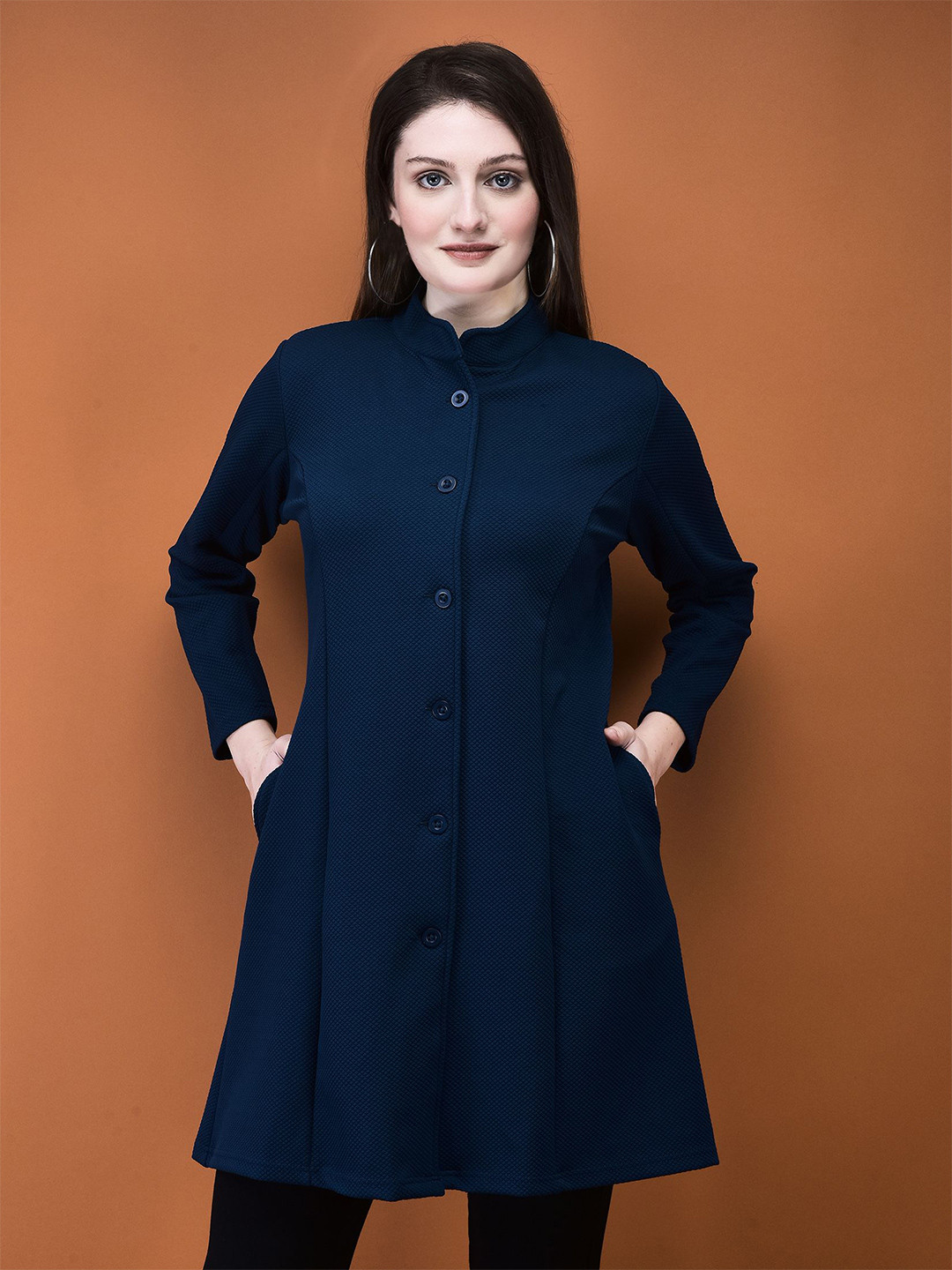 

Shree Women Self Designed Mandarin Collar Neck Single Breasted Overcoat, Navy blue