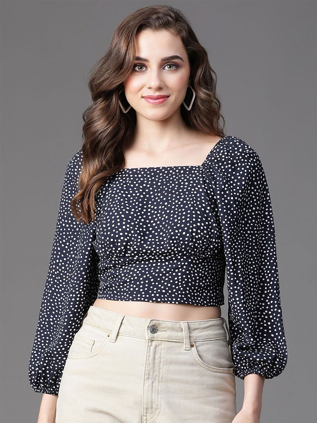 

VEGAL Women Polka Dots Printed Puff Sleeves Crop Top, Navy blue