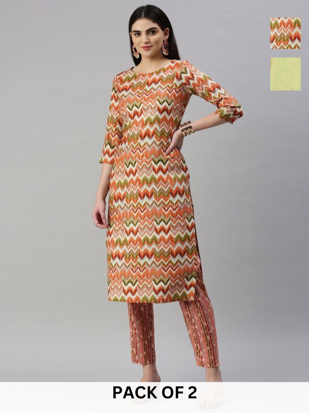 

KALINI Selection Of 2 Chevron Round Neck Straight Kurta with Trousers, Rust