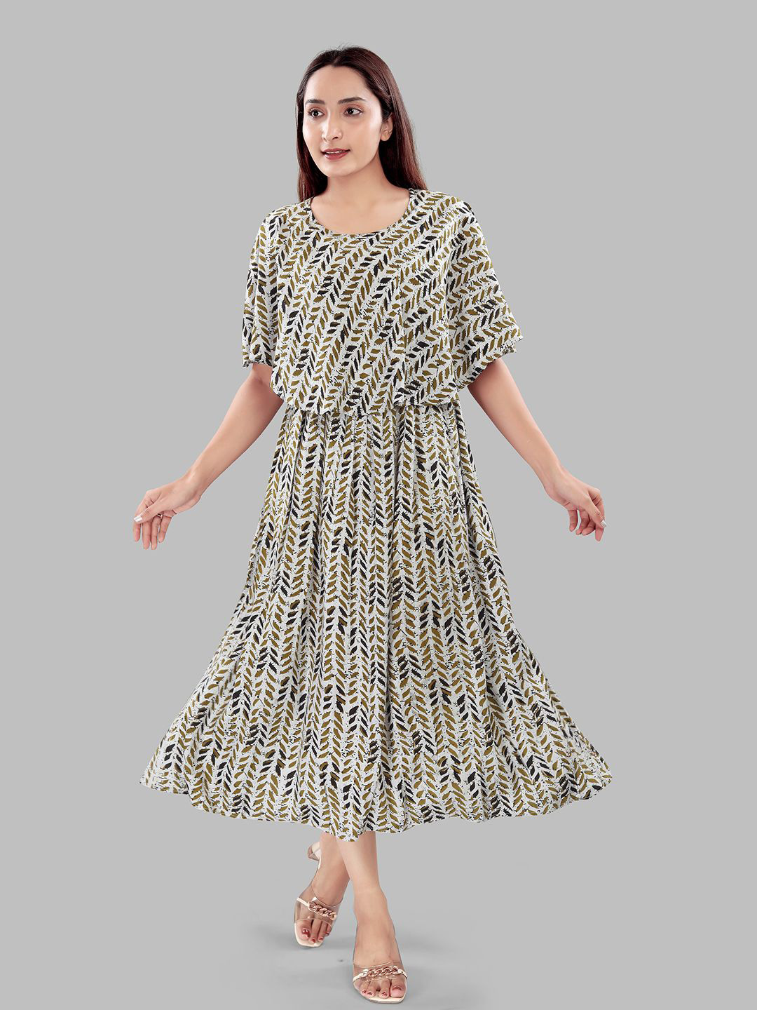

B2F Manufacturing & Designing Kurti Floral Printed Maternity Fit & Flare Midi Dress, Olive