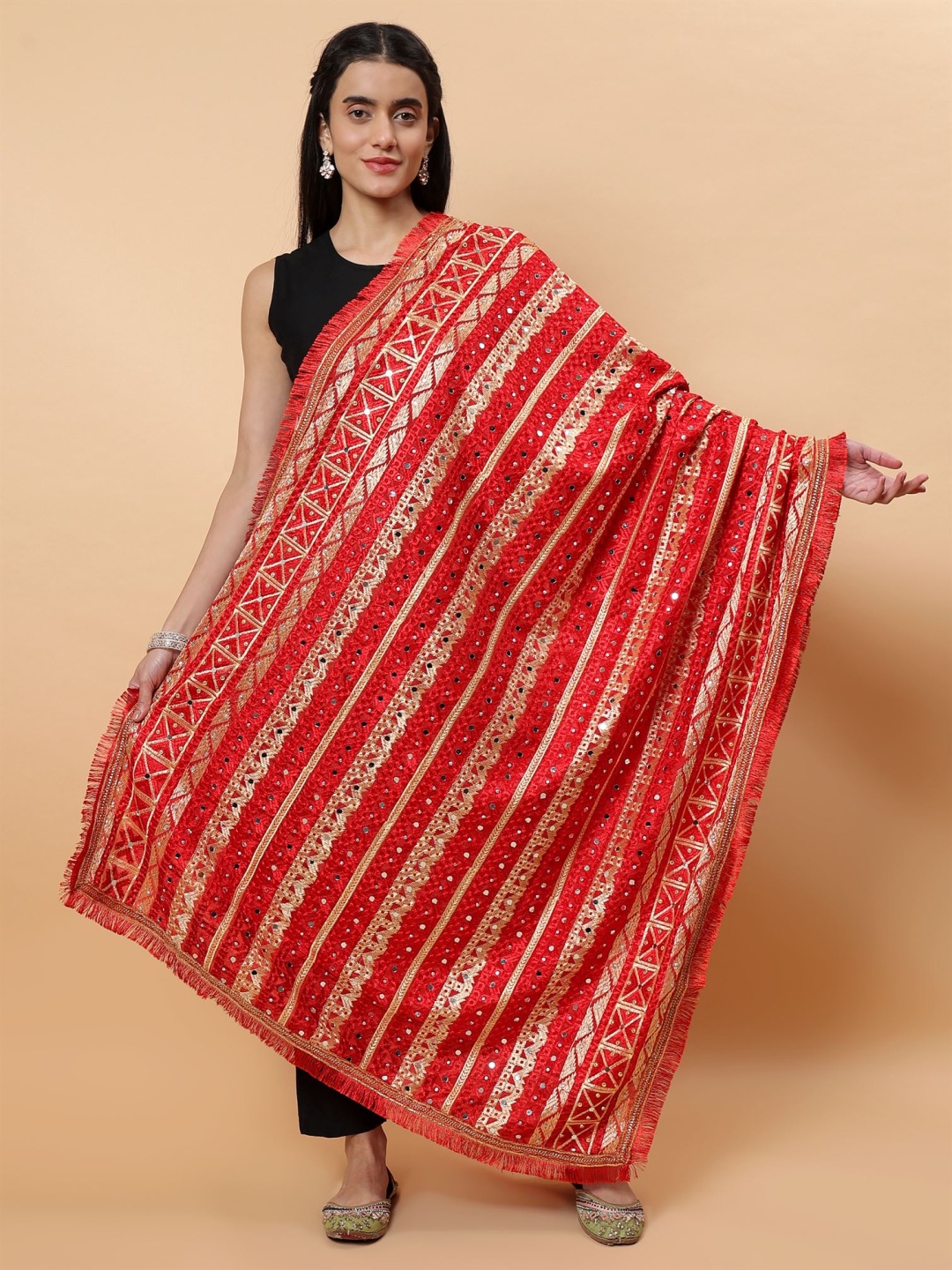 

Moda Chales Ethnic Motifs Embroidered Mirror Work Phulkari Dupatta, Red