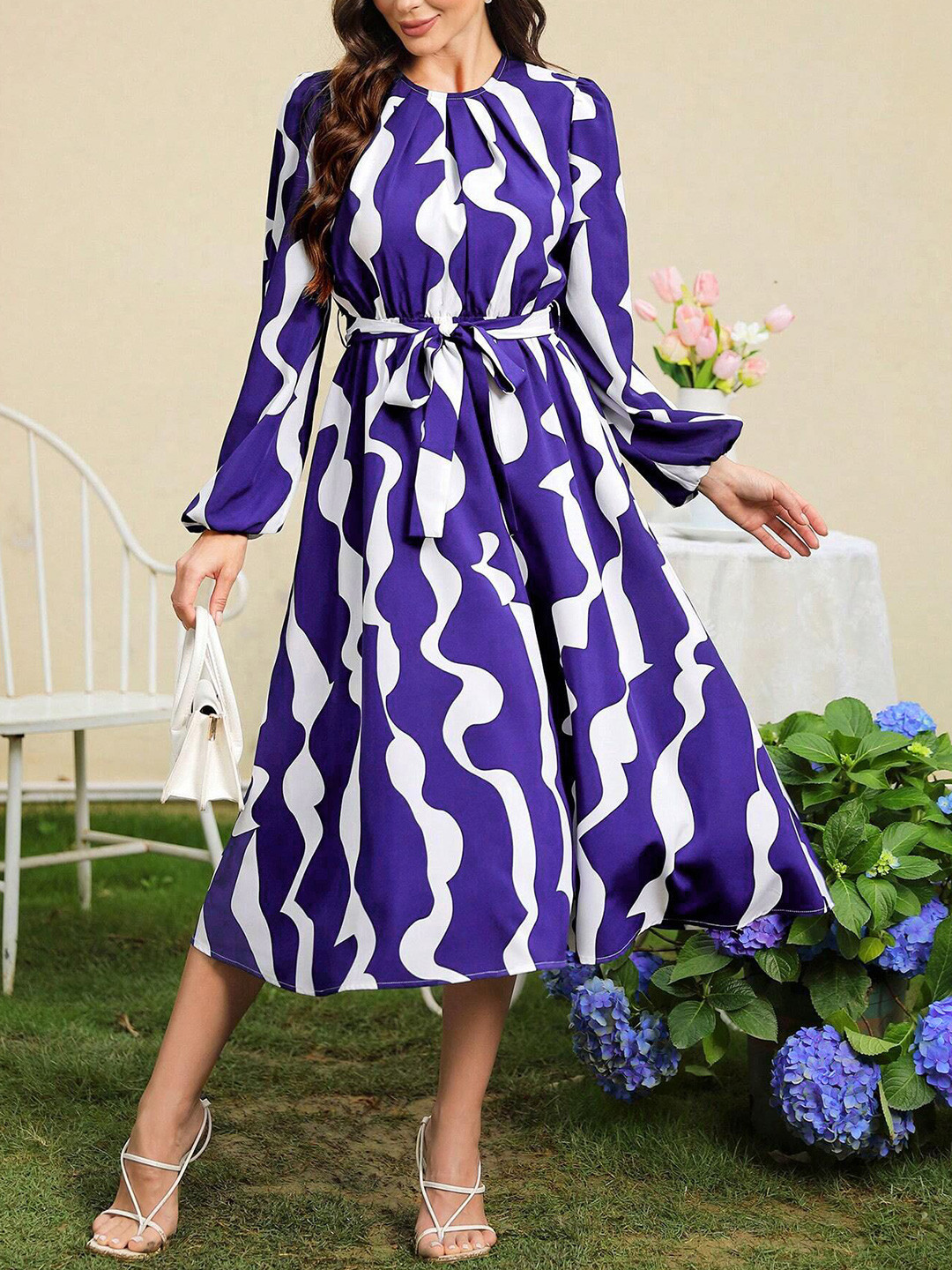 

Mast & Harbour Women Printed Fit & Flare Midi Dress With Belt, Blue