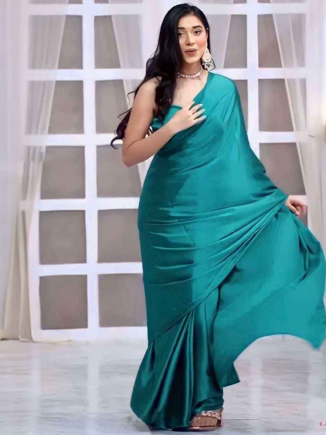 

HMP Fashion Satin Ready to Wear Saree, Teal