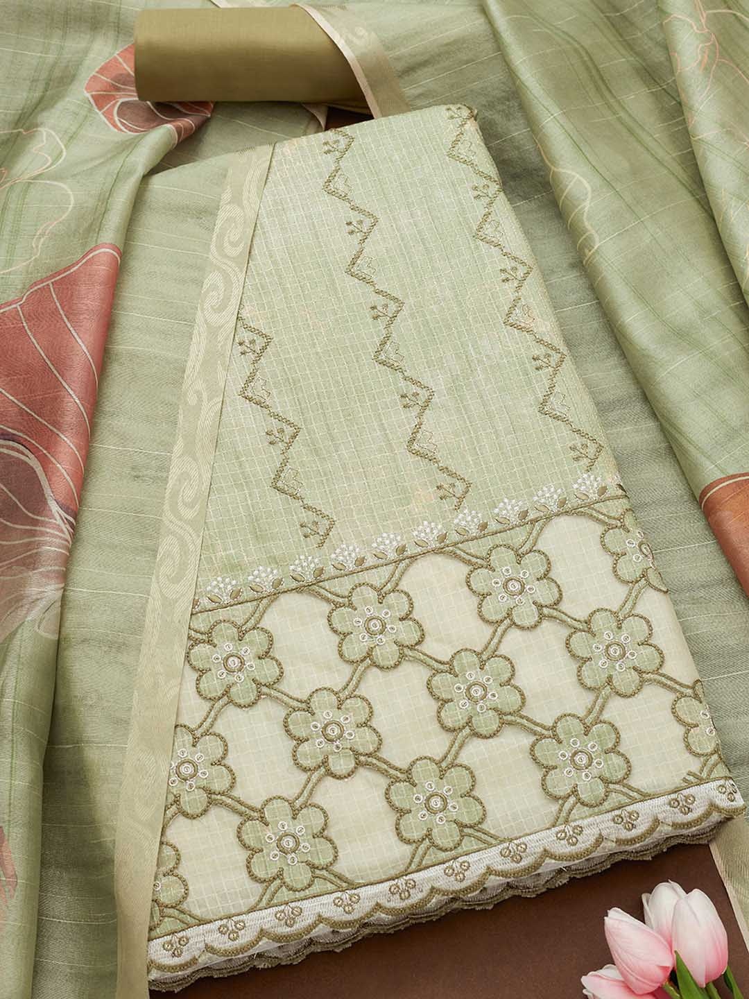 

Soch woven design Floral Embroidered Unstitched Dress Material, Green