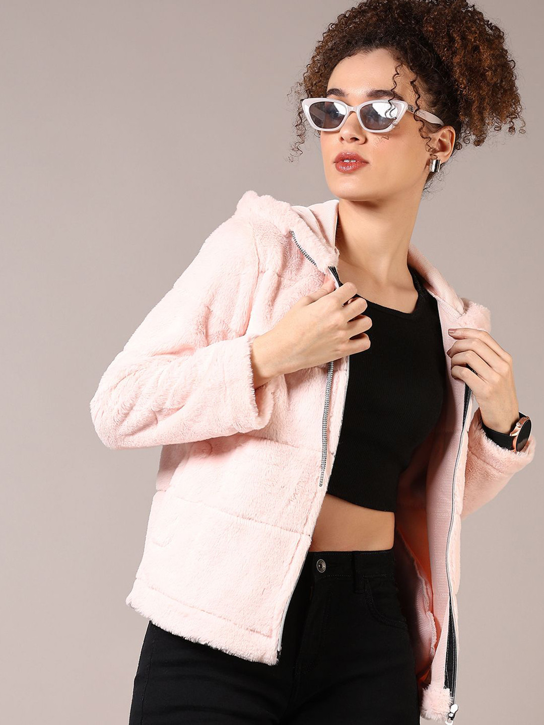 

V-Mart Women Fur Hooded Cotton Sweatshirt, Pink