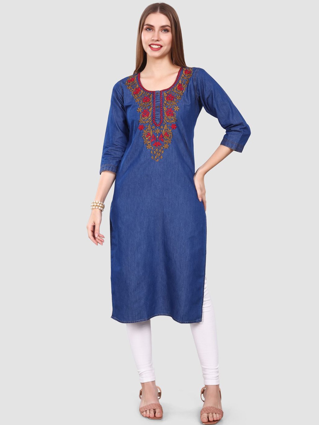 

SK Creation Floral Embroidered Ethnic Straight Kurta, Blue