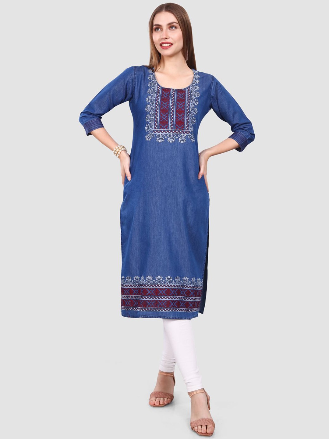 

SK Creation Floral Embroidered Thread Work Denim Straight Kurta, Blue